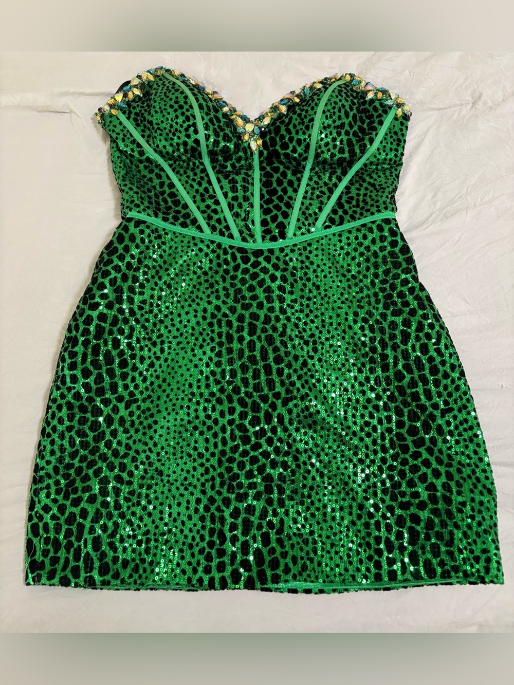 Alyce Designs Emerald Green/Leopard/Sequin Strapless Convertible Prom Dress